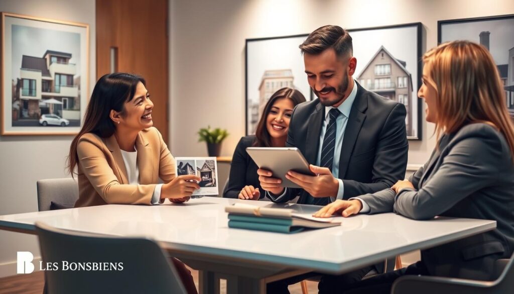A modern real estate office interior featuring a professional real estate agent in smart business attire, seated at a sleek conference table with clients discussing an apartment purchase in Caen, Normandy. The scene conveys a sense of trust and satisfaction, with smiling clients engaged in conversation as they review property listings on a tablet. In the background, there are framed photographs of stylish apartments and architectural details typical of Caen. The lighting is warm and inviting, creating an atmosphere of professionalism and comfort. Capture this from a slightly elevated angle to emphasize the collaborative nature of the meeting. No text or branding visible; ensure the scene conveys positive testimonials about real estate experiences. Include the branding "Les BonsBiens Agence Immo Caen" subtly integrated into the decor without being overt. A modern real estate office interior featuring a professional real estate agent in smart business attire, seated at a sleek conference table with clients discussing an apartment purchase in Caen, Normandy. The scene conveys a sense of trust and satisfaction, with smiling clients engaged in conversation as they review property listings on a tablet. In the background, there are framed photographs of stylish apartments and architectural details typical of Caen. The lighting is warm and inviting, creating an atmosphere of professionalism and comfort. Capture this from a slightly elevated angle to emphasize the collaborative nature of the meeting. No text or branding visible; ensure the scene conveys positive testimonials about real estate experiences. Include the branding "Les BonsBiens Agence Immo Caen" subtly integrated into the decor without being overt.