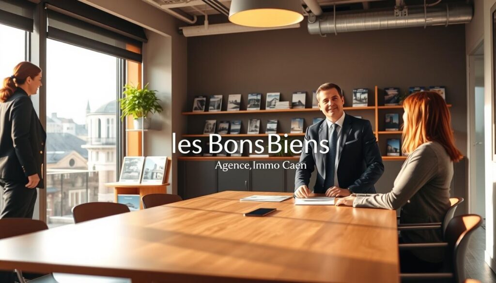A modern real estate office interior in Caen, Normandy, bustling with activity. In the foreground, a professional real estate agent, dressed in smart business attire, is engaged in a discussion with two clients at a sleek, wooden conference table. The middle ground features well-organized shelves displaying property brochures and a large window, allowing warm sunlight to flood the space. In the background, a modern cityscape of Caen is visible, showcasing architectural details unique to the region. The atmosphere is professional yet inviting, emphasizing collaboration and expertise. The brand name "Les BonsBiens Agence Immo Caen" is subtly integrated within the office environment, perhaps on a wall or brochure. The overall lighting is bright and warm, creating a welcoming ambiance that promotes teamwork and trust.
