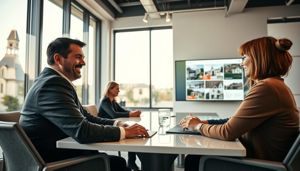 A modern real estate office scene in Caen, Normandy, showcasing a professional real estate agent in tailored business attire, smiling and engaged in discussion with clients sitting at an elegantly designed conference table. The background features large windows with natural light flooding in, revealing a glimpse of Normandy's unique architecture outside. A digital display screen showcases images of properties for sale, emphasizing the theme of personalized accompaniment and free estimation services. The atmosphere is welcoming and professional, highlighting the focus on local expertise offered by "Les BonsBiens Agence Immo Caen." Soft, warm lighting enhances the inviting mood of the scene, while a low angle captures the interaction, making the viewer feel part of the consultation.