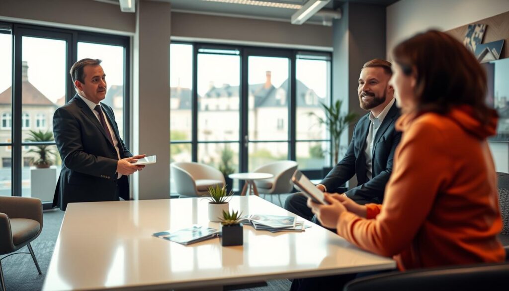 A modern real estate office scene in Caen, Normandy, showcasing the friendly professionalism of "Les BonsBiens Agence Immo Caen." In the foreground, a well-dressed real estate agent in business attire is meeting with two clients, a couple, displaying interest and engagement. The agent uses a tablet to present property listings. The middle ground features a sleek, modern desk with property brochures and a stylish coffee table adorned with a small plant. In the background, large windows reveal a beautiful view of Normandy architecture, brightening the space with natural sunlight. The atmosphere conveys trust and openness, emphasizing professionalism and local expertise in real estate services. Capture this vibrant interaction with soft, warm lighting and a slightly blurred focus to highlight the engaging exchange.