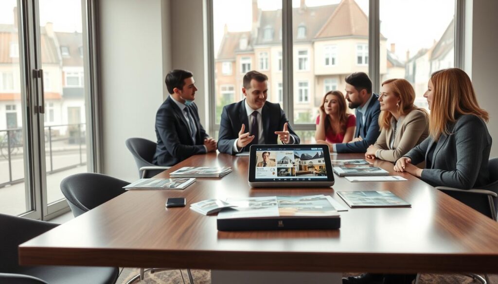 A modern real estate office scene set in Caen, Normandy, showcasing a professional real estate agent in business attire consulting with a diverse group of clients around a sleek conference table. The foreground features a polished wooden table adorned with property brochures and a digital tablet displaying images of apartments. In the middle, the agent is animatedly discussing property options, gesturing towards the tablet. Behind them, large windows reveal a view of traditional Normandy architecture, with charming streets and historical buildings. Soft, natural lighting filters through the windows, creating an inviting atmosphere. The color palette combines warm earthy tones and crisp whites. Include the brand name "Les BonsBiens Agence Immo Caen" subtly visible on a brochure in the foreground. A modern real estate office scene set in Caen, Normandy, showcasing a professional real estate agent in business attire consulting with a diverse group of clients around a sleek conference table. The foreground features a polished wooden table adorned with property brochures and a digital tablet displaying images of apartments. In the middle, the agent is animatedly discussing property options, gesturing towards the tablet. Behind them, large windows reveal a view of traditional Normandy architecture, with charming streets and historical buildings. Soft, natural lighting filters through the windows, creating an inviting atmosphere. The color palette combines warm earthy tones and crisp whites. Include the brand name "Les BonsBiens Agence Immo Caen" subtly visible on a brochure in the foreground.