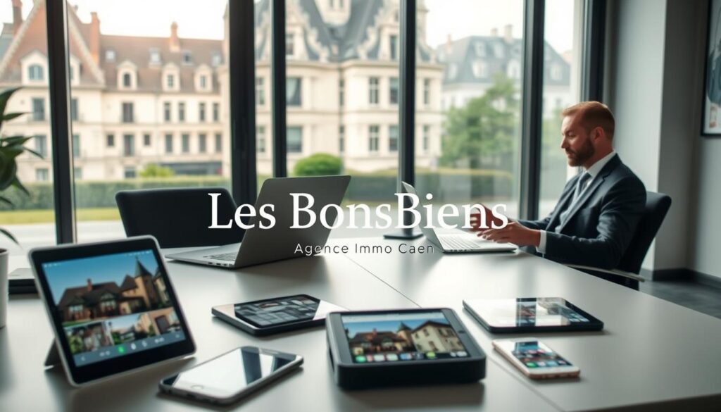 A modern real estate office scene set in Caen, Normandy, showcasing tools for online real estate transactions. In the foreground, a professional real estate agent in business attire is engaged in a video call with clients, discussing property options on a sleek laptop. The middle ground features a stylish desk with a variety of digital devices like tablets and smartphones displaying property listings and virtual tours. In the background, large windows reveal a view of elegant Normandy architecture, blending traditional and contemporary styles. Soft, natural light filters in, creating a warm and inviting atmosphere. The brand name "Les BonsBiens Agence Immo Caen" is subtly integrated into the scene, representing trust and professionalism in real estate. The overall mood is modern, approachable, and focused on customer engagement.