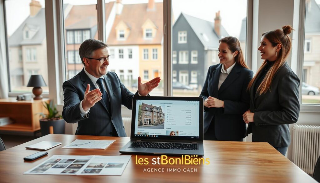 A modern real estate scene depicting a professional real estate agent in smart business attire, interacting with clients in a stylish office setting. The foreground features a sleek wooden desk with property listings and a laptop showcasing the online estimation process. In the middle, the agent, a middle-aged Caucasian man, gestures towards the screen, explaining the details with a friendly smile. The clients, a young couple, are attentively listening, looking intrigued and engaged. In the background, large windows reveal the charming Normandy architecture of Caen, capturing the essence of the locale. Soft, natural light fills the room, creating a warm and inviting atmosphere. The brand "Les BonsBiens Agence Immo Caen" is subtly integrated into the office decor.