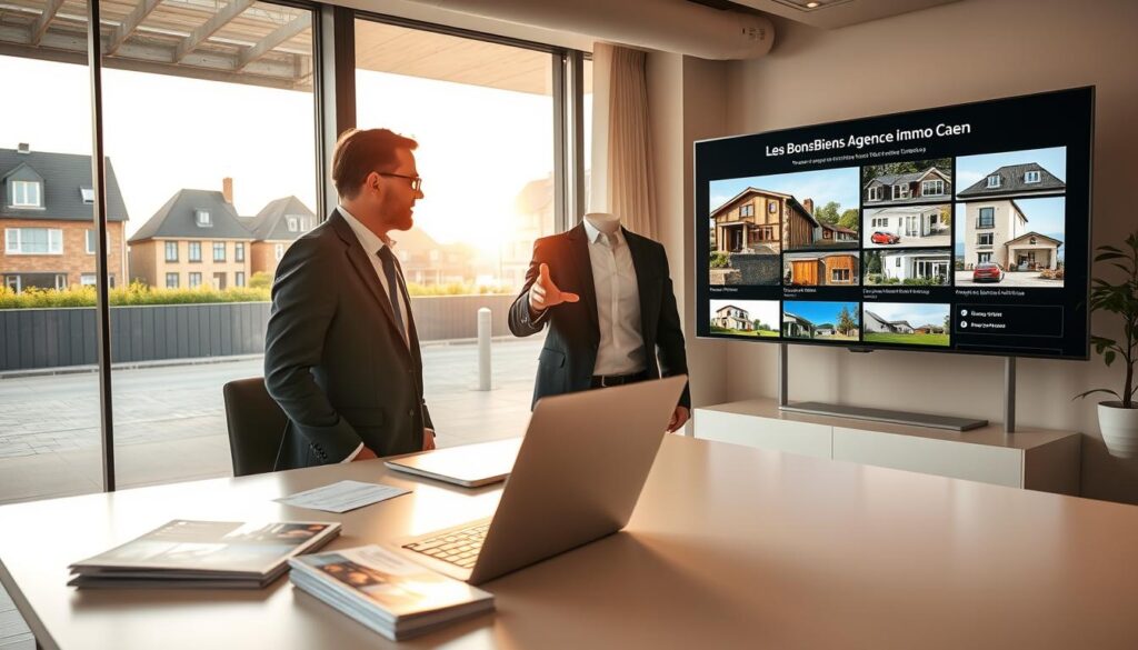 A modern real estate scene in Caen, Normandy, featuring a professional real estate agent in business attire, engaging with clients in a contemporary office setting. The foreground shows a sleek, organized desk with property brochures and a laptop open to a property listings page. In the middle ground, the agent gestures toward a large screen displaying images of new investment properties with text branding "Les BonsBiens Agence Immo Caen." The background showcases a stylish office with large windows letting in warm, natural light, and a view of modern Normandy architecture outside, such as charming apartments and townhouses. The overall mood is optimistic and professional, emphasizing opportunities for real estate investment.