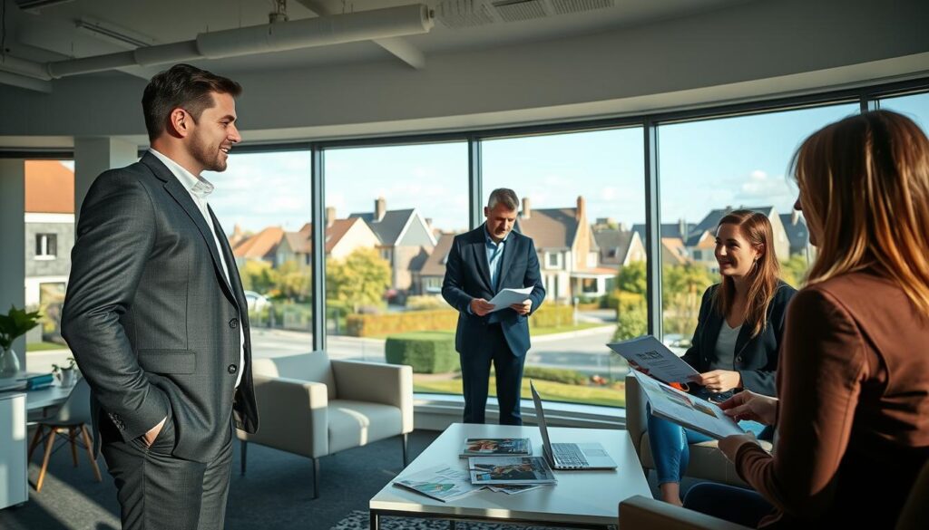 A modern real estate scene in Caen, Normandy, showcasing a professional real estate agent meeting clients in a well-furnished office space. In the foreground, a confident agent in smart business attire is discussing property options with two clients, who are attentively listening and reviewing documents. The middle ground features sleek furniture, a stylish desk with a laptop, and brochures displaying various properties for sale. In the background, large windows reveal a picturesque view of typical Caen architecture with charming houses and tree-lined streets. The lighting is warm and inviting, casting soft shadows that enhance the ambiance. The image conveys a sense of trust and professionalism, reflecting the high standards of "Les BonsBiens Agence Immo Caen". A modern real estate scene in Caen, Normandy, showcasing a professional real estate agent meeting clients in a well-furnished office space. In the foreground, a confident agent in smart business attire is discussing property options with two clients, who are attentively listening and reviewing documents. The middle ground features sleek furniture, a stylish desk with a laptop, and brochures displaying various properties for sale. In the background, large windows reveal a picturesque view of typical Caen architecture with charming houses and tree-lined streets. The lighting is warm and inviting, casting soft shadows that enhance the ambiance. The image conveys a sense of trust and professionalism, reflecting the high standards of "Les BonsBiens Agence Immo Caen".