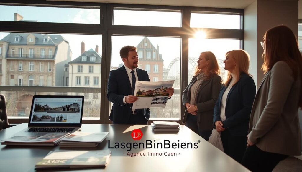 A modern real estate scene in Caen, Normandy, showcasing a professional real estate agent in business attire, engaging with clients in an upscale office environment. The foreground features a stylish desk with property brochures and a laptop displaying real estate data. In the middle, the agent is presenting a property listing to attentive clients, who are dressed in modest casual clothing. The background features large windows with a view of classic Normandy architecture and a sunny sky, casting soft natural light that illuminates the space. The atmosphere is warm and inviting, conveying a sense of professionalism and trust. The scene subtly includes a logo for "Les BonsBiens Agence Immo Caen" on the desk for branding without overt emphasis.