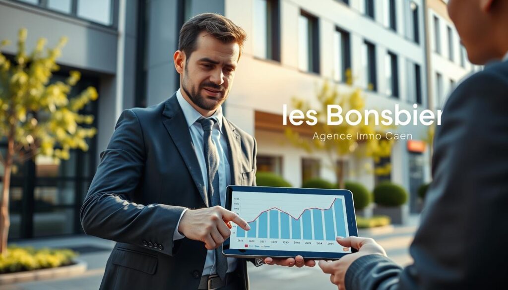 A modern real estate scene in Caen, Normandy, showcasing a professional real estate agent in a stylish business suit discussing property prices with clients. The agent is pointing to a digital tablet displaying a graph comparing regional and national real estate prices, conveying a sense of expertise and trust. The background features a sleek, contemporary building typical of Caen’s architecture, with vibrant greenery and an inviting street atmosphere. Soft, natural lighting casts a warm glow over the scene, enhancing the professionalism and approachability. The image captures the dynamic of the real estate market while integrating branding elements for "Les BonsBiens Agence Immo Caen," positioned subtly in the background. The overall mood is informative yet engaging, perfect for illustrating economic comparisons in property values.
