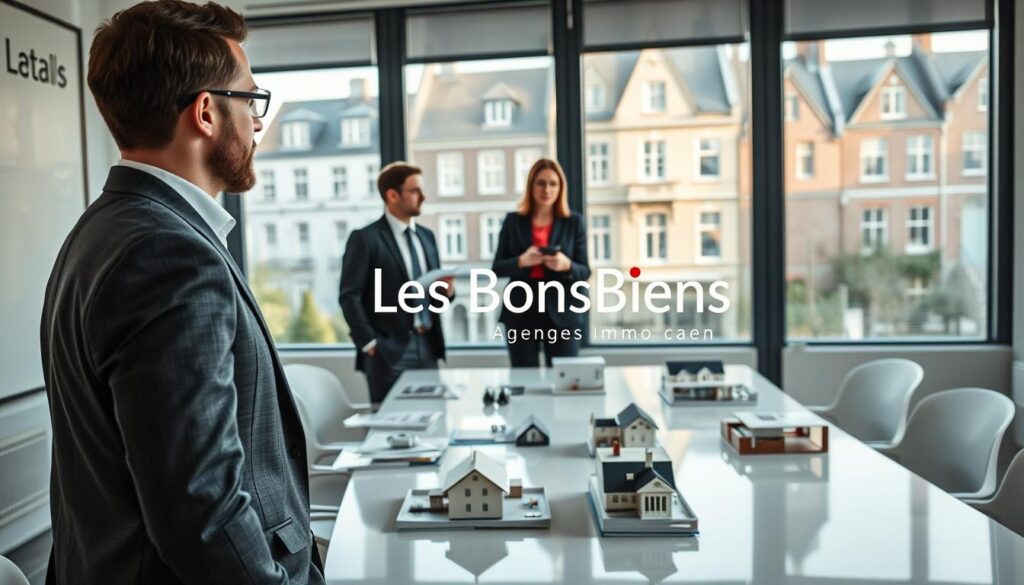 A modern real estate scene in Caen, Normandy, showcasing a professional real estate agent in a sleek office environment. In the foreground, the agent, dressed in smart business attire, is engaged in a discussion with two clients, one man and one woman, both also in professional attire. The middle ground features a stylish conference table adorned with property brochures and architectural models. The background showcases large windows revealing views of classic Normandy architecture outside, blending traditional and contemporary elements. Soft, natural light illuminates the room, creating a warm, inviting atmosphere. The brand identity "Les BonsBiens Agence Immo Caen" is subtly incorporated into the decor, enhancing the professional ambiance. This image embodies the theme of maximizing real estate sales and purchases through expert valuation strategies.