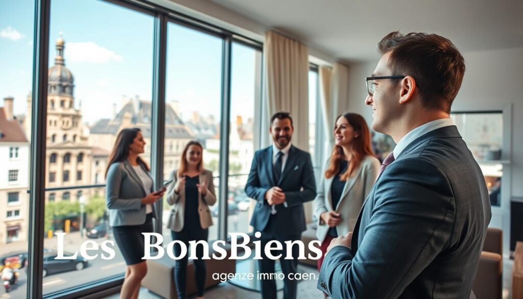 A modern real estate scene in Caen, Normandy, showcasing the advantages of apartment living. In the foreground, a professional real estate agent in smart business attire engages with a couple of enthusiastic clients, discussing property options. The middle ground features a stylish, contemporary apartment with large windows, emphasizing space and natural light, decorated with tasteful furnishings. In the background, glimpses of Caen's charming architecture, including historic buildings and lively street life, create a sense of community. The image is illuminated by warm, inviting lighting, capturing a sunny day, with an angle that highlights both the apartment and the interaction. Branding elements subtly include "Les BonsBiens Agence Immo Caen" in a professional manner. The mood is optimistic and aspirational, reflecting opportunities in the real estate market.