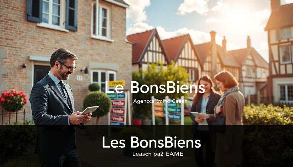 A modern real estate scene in Caen, showcasing a charming Normandy townhouse with a welcoming front yard. In the foreground, a professional real estate agent in a smart suit interacts with an interested couple, both dressed in business casual attire, examining property listings on a tablet. The middle section reveals a variety of colorful "À Vendre" signs displayed prominently, conveying a sense of opportunity. In the background, classic Normandy architecture can be seen, including half-timbered houses under a bright blue sky with soft, warm sunlight filtering through. The atmosphere is inviting and optimistic, embodying the theme of real estate opportunities. The brand name "Les BonsBiens Agence Immo Caen" is subtly integrated into the scene, enhancing the connection to local real estate.