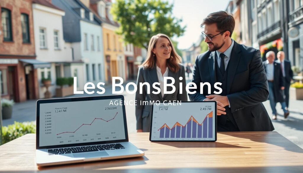 A modern real estate scene in Caen, showcasing a professional real estate agent in a business suit, engaged in a friendly discussion with a couple in smart casual attire. In the foreground, a stylish table with a laptop displaying graphs of rental prices and sales timelines is emphasized. The middle ground features elements of Normandy architecture, with distinct buildings and colorful facades, capturing the local essence. The background shows a bright, sunlit street lined with greenery and people casually strolling by, evoking a lively atmosphere. Natural daylight illuminates the scene, with soft shadows adding depth. Include the brand name "Les BonsBiens Agence Immo Caen" subtly in the arrangement of the scene, ensuring no text is directly visible. The overall mood reflects professionalism and optimism in the real estate market.