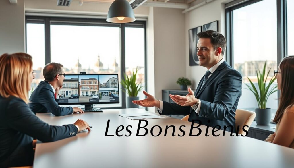 A modern real estate scene in Caen, showcasing a stylish office environment. In the foreground, a professional real estate agent, dressed in formal business attire, engages with clients at a sleek conference table. The agent, a confident middle-aged individual with short dark hair, gestures towards a digital presentation displaying attractive investment opportunities in buildings. In the middle ground, floor-to-ceiling windows reveal picturesque views of Normandy’s historic architecture and vibrant city life, with subtle afternoon sunlight streaming in. The background features contemporary decor including potted plants and abstract wall art. The atmosphere is engaging and professional, emphasizing a successful real estate consultation. Include the brand name "Les BonsBiens Agence Immo Caen" subtly integrated into the office design.