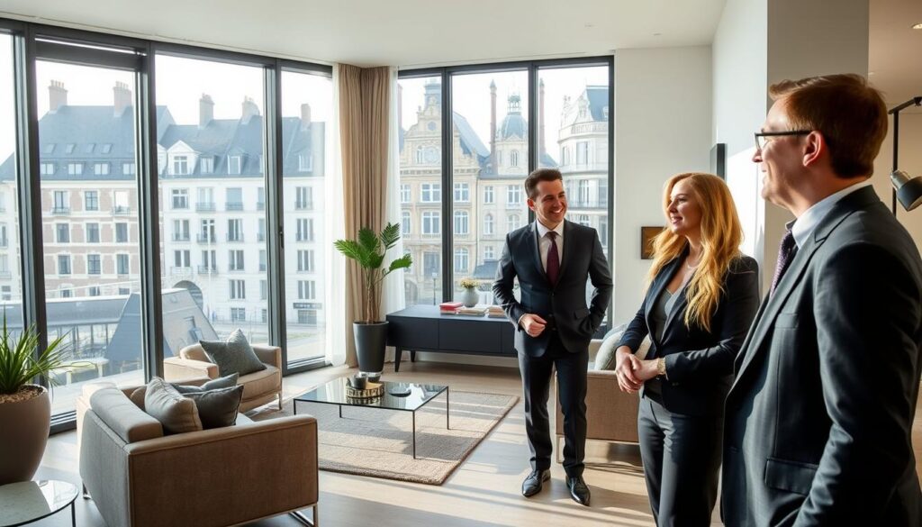 A modern real estate scene in Caen, showcasing an exclusive apartment offered by "Les Bons Biens Agence Immo Caen." In the foreground, a professional real estate agent in business attire is engaging with a couple, discussing property details with friendly expressions. In the middle ground, a stylish, contemporary apartment interior is displayed, featuring sleek furniture, large windows, and tasteful decor that reflects Normandy's architectural style. Soft, natural lighting floods the space, highlighting the elegance of the apartment. In the background, iconic buildings of Caen's cityscape are visible through the windows, blending urban charm with the warmth of a welcoming atmosphere. The overall mood conveys professionalism, trust, and excitement about the new home opportunity.
