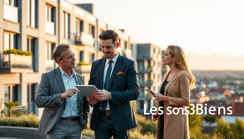 A modern real estate scene in Caen, showcasing contemporary architecture with new buildings featuring sleek lines and large windows. In the foreground, a professional real estate agent dressed in business attire, engaging with two clients—one male and one female, exchanging ideas. The agent gestures towards a digital tablet displaying property listings. The middle ground highlights several newly constructed residential units with balconies and greenery, emphasizing the vibrant market of new real estate in Caen. The background features a picturesque view of Caen's skyline with hints of traditional Normandy architecture peeking through. Soft golden hour lighting casts a warm, inviting atmosphere, creating an appealing and professional mood. The scene should also subtly incorporate the brand name “Les BonsBiens Agence Immo Caen” in an appropriate manner that harmonizes with the visual aesthetic.
