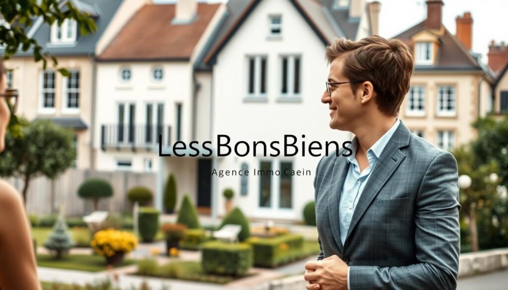 A modern real estate scene in Caen, showcasing traditional Normandy architecture. In the foreground, a professional real estate agent dressed in business attire engages with clients, discussing property options and providing personalized advice. The middle ground features a stylish, contemporary home for sale, with a well-maintained garden. In the background, the iconic Caen cityscape, including historic buildings, adds a touch of charm. Soft, natural lighting creates a welcoming atmosphere, while a slightly blurred focus emphasizes the interaction between the agent and clients. The brand name "Les BonsBiens Agence Immo Caen" subtly integrates into the environment, enhancing the professionalism of the scene. The overall mood is inviting and focused on personalized service in the real estate market.
