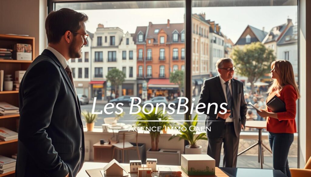 A modern real estate scene in Venoix, Caen, showcasing a bustling market for apartments. In the foreground, a professional real estate agent in business attire discusses with a couple in a cozy, well-lit office filled with brochures and architectural models. The middle ground features a large window revealing picturesque Normandy architecture, including stylish apartment buildings with unique facades. The background captures the essence of the vibrant Venoix neighborhood, with tree-lined streets and cafes bustling with locals. Natural sunlight pours in, creating a warm atmosphere, with soft shadows adding depth. The brand "Les BonsBiens Agence Immo Caen" is subtly incorporated into the design of the office environment, enhancing the professional setting. The overall mood is inviting and optimistic, reflecting the excitement of the real estate market in this charming area.
