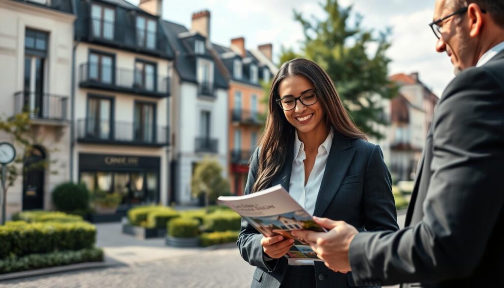 A modern real estate scene in the picturesque city of Caen, Normandy, capturing the essence of quality living and property buying. In the foreground, a professional real estate agent, dressed in smart business attire, is engaged in a discussion with two potential buyers, showcasing a property brochure. The middle ground features a charming, contemporary apartment building with large windows and tasteful balconies, set against the backdrop of historic architecture native to Caen. The background showcases lush greenery and cobblestone streets, suggesting a vibrant urban lifestyle. Soft, natural lighting bathes the scene, creating a welcoming atmosphere, while a shallow depth of field gives focus to the agent and clients, hinting at a friendly yet professional interaction. The brand “Les BonsBiens Agence Immo Caen” subtly integrated into the scene through the brochure.
