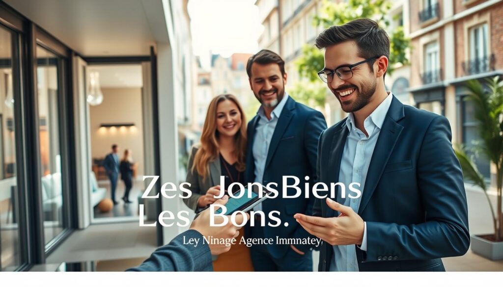 A modern real estate scene set in Caen, Normandy, depicting a professional real estate agent in a sleek business suit meeting with a diverse couple of clients. The foreground features the agent enthusiastically discussing property options with a welcoming smile, gesturing towards a digital tablet showing listings. In the middle ground, a beautifully designed contemporary apartment is visible, showcasing large windows and stylish decor, embodying the charm of local architecture. The background includes hints of vibrant Caen streets with historic buildings, framed by greenery. Natural sunlight filters through the scene, creating a warm and inviting atmosphere. The brand name "Les BonsBiens Agence Immo Caen" subtly featured on the tablet screen, without any text overlays.