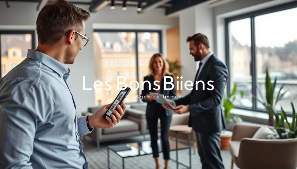 A modern real estate scene set in Caen, Normandy, featuring a professional real estate agent in business attire engaging with clients in a welcoming office environment. In the foreground, the agent is presenting a digital tablet displaying property listings, conveying a personalized service approach. The middle ground captures sleek, contemporary furniture and stylish decor, including potted plants and large windows that let in soft, natural light. The background showcases a scenic view of historic Normandy architecture through the windows, enhancing the local charm. The overall atmosphere is warm and inviting, reflecting professionalism and dedication to tailored real estate services. Include the brand name "Les BonsBiens Agence Immo Caen" subtly integrated into the office design. A modern real estate scene set in Caen, Normandy, featuring a professional real estate agent in business attire engaging with clients in a welcoming office environment. In the foreground, the agent is presenting a digital tablet displaying property listings, conveying a personalized service approach. The middle ground captures sleek, contemporary furniture and stylish decor, including potted plants and large windows that let in soft, natural light. The background showcases a scenic view of historic Normandy architecture through the windows, enhancing the local charm. The overall atmosphere is warm and inviting, reflecting professionalism and dedication to tailored real estate services. Include the brand name "Les BonsBiens Agence Immo Caen" subtly integrated into the office design.