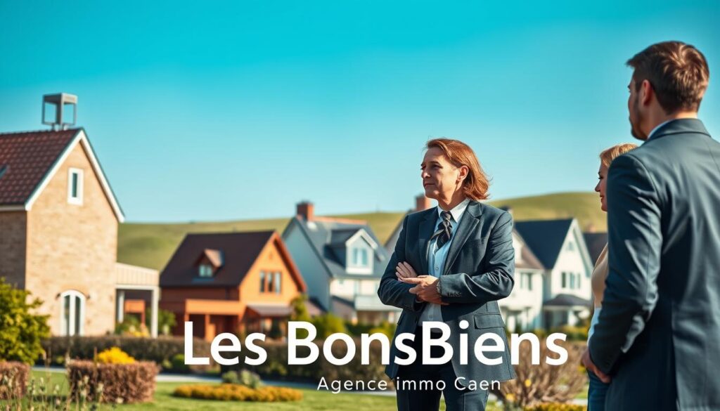 A modern real estate scene set in Caen, Normandy, showcasing charming houses with distinct local architectural elements. In the foreground, a professional real estate agent in smart business attire engages with potential clients, pointing toward a beautifully designed house with a manicured garden. The middle ground features a row of traditional and contemporary homes, each reflecting the unique character of the neighborhood. The background displays rolling green hills under a bright blue sky, enhancing the tranquil atmosphere. Use natural lighting to create a warm, inviting mood, capturing the essence of the local real estate landscape. The branding "Les BonsBiens Agence Immo Caen" subtly integrated into the scene, while ensuring the composition remains focused on the houses and the interaction.
