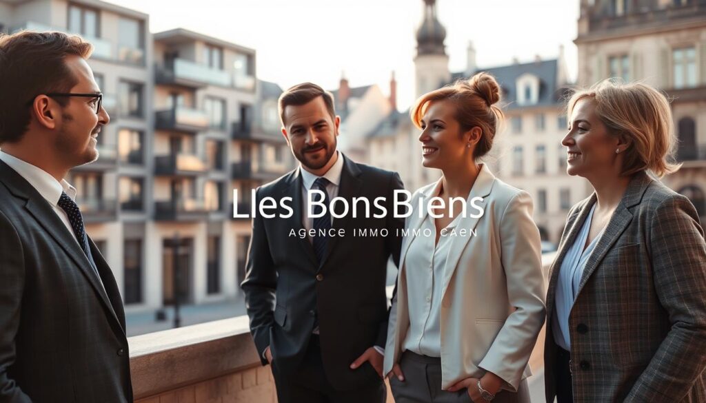 A modern real estate scene set in Caen, Normandy, showcasing the advantages of investing in local real estate. In the foreground, a professional real estate agent in smart business attire discusses property options with two clients who are engaged and interested. In the middle ground, stylish apartment buildings reflecting contemporary architecture are visible, highlighting the charm of Caen's urban landscape. The background features the historic architecture of Caen, blending tradition with modernity. Soft, warm sunlight illuminates the scene, creating an inviting atmosphere. The lens captures the scene from a slightly elevated angle, focusing on the connection between the real estate agent and clients. The brand "Les BonsBiens Agence Immo Caen" is subtly integrated into the visual elements, emphasizing professionalism and trust in real estate investment. A modern real estate scene set in Caen, Normandy, showcasing the advantages of investing in local real estate. In the foreground, a professional real estate agent in smart business attire discusses property options with two clients who are engaged and interested. In the middle ground, stylish apartment buildings reflecting contemporary architecture are visible, highlighting the charm of Caen's urban landscape. The background features the historic architecture of Caen, blending tradition with modernity. Soft, warm sunlight illuminates the scene, creating an inviting atmosphere. The lens captures the scene from a slightly elevated angle, focusing on the connection between the real estate agent and clients. The brand "Les BonsBiens Agence Immo Caen" is subtly integrated into the visual elements, emphasizing professionalism and trust in real estate investment.