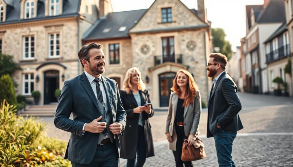 A modern real estate scene set in Caen, Normandy, showcasing the unique local architecture. In the foreground, a professional real estate agent in a tailored suit is engaged in conversation with a couple, both dressed in smart casual attire, depicting a friendly yet businesslike atmosphere. The middle ground features an elegant property for sale, highlighting its classic stone façade with a welcoming entrance. In the background, the picturesque streets of Caen are visible, lined with charming traditional buildings and greenery. Soft, natural lighting from a late afternoon sun enhances the warm tones of the architecture. The image captures a sense of collaboration and trust, emphasizing the expertise of "Les Bons Biens Agence Immo Caen" in guiding clients through real estate transactions.