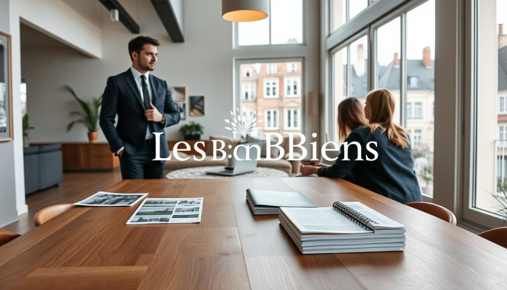 A modern real estate scene set in Caen, showcasing a professional real estate agent wearing smart business attire, engaged in a discussion with clients in a beautifully renovated open-plan apartment with Normandy architecture. The foreground features a sleek wooden table with property brochures and a laptop displaying listings. In the middle ground, large windows let in soft, natural light, highlighting the spaciousness and elegant design of the interior. The background includes a view of traditional Caen buildings, creating a contrast between modern and historical architecture. The atmosphere is warm and inviting, with a sense of professionalism and trust. Incorporate the brand name "Les BonsBiens Agence Immo Caen" subtly in the scene, ensuring there are no captions or overlays. Use a soft focus lens to create a welcoming mood.