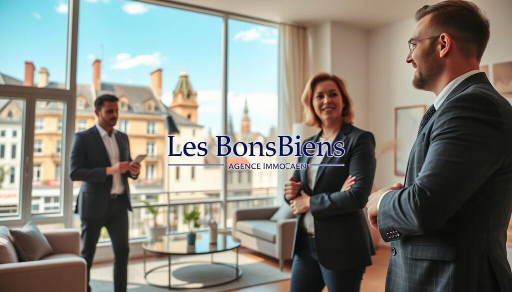 A modern real estate scene set in the heart of Caen, Normandy. In the foreground, a professional real estate agent in a tailored business suit engages with a couple, both dressed in smart casual attire, discussing properties with enthusiasm. The middle ground features a stylish, bright apartment showcasing contemporary furniture, large windows revealing a vibrant street view, and architectural details that reflect the charm of Normandy. In the background, iconic landmarks of Caen are subtly visible under a bright blue sky, conveying a welcoming atmosphere. Soft, natural lighting enhances the warmth of the scene. Include the brand name "Les BonsBiens Agence Immo Caen" subtly integrated into the environment. The overall mood should be positive, inviting, and focused on personalized service in property buying.