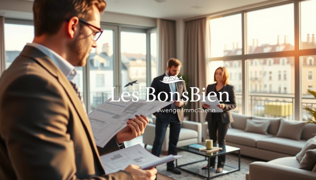 A modern real estate scene showcasing an elegant apartment in Caen, Normandy, designed with contemporary architecture. In the foreground, a professional real estate agent dressed in a smart business attire discusses investment opportunities with two well-dressed clients looking at detailed property plans. The middle ground features a beautifully staged apartment interior with stylish furniture, large windows allowing natural light to flood the space, and a view of historical buildings in the background, creating a blend of modern and traditional aesthetics. The warm lighting enhances the inviting atmosphere of the space. The brand name "Les BonsBiens Agence Immo Caen" is subtly visible in the setting, reflecting a trusted agency. Capture this vibrant and professional atmosphere to convey the advantages of investing in a Caen apartment. A modern real estate scene showcasing an elegant apartment in Caen, Normandy, designed with contemporary architecture. In the foreground, a professional real estate agent dressed in a smart business attire discusses investment opportunities with two well-dressed clients looking at detailed property plans. The middle ground features a beautifully staged apartment interior with stylish furniture, large windows allowing natural light to flood the space, and a view of historical buildings in the background, creating a blend of modern and traditional aesthetics. The warm lighting enhances the inviting atmosphere of the space. The brand name "Les BonsBiens Agence Immo Caen" is subtly visible in the setting, reflecting a trusted agency. Capture this vibrant and professional atmosphere to convey the advantages of investing in a Caen apartment.