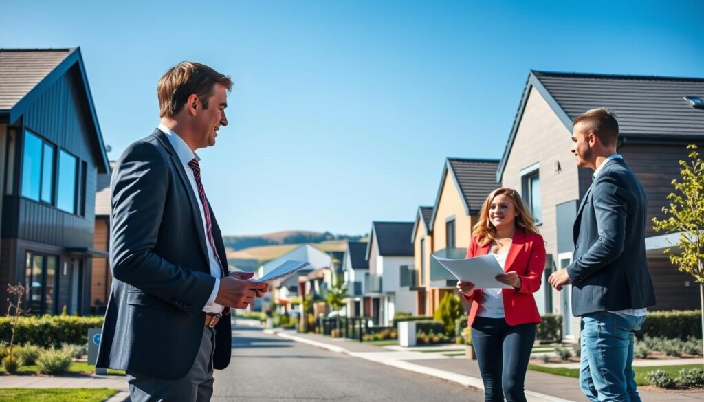 A modern real estate scene showcasing new houses in Caen, Normandy, featuring a vibrant street lined with contemporary architecture. In the foreground, a professional real estate agent, dressed in business attire, is engaging in discussion with a young couple, with plans in hand, indicating their interest in purchasing a property. The middle ground features several stylish new homes, each with unique design elements including large windows and contemporary facades, surrounded by neat gardens. In the background, the rolling hills of Normandy under a clear blue sky bring a sense of tranquility. Soft, natural lighting enhances the colors and details of the scene, capturing the optimism of home-buying as represented by "Les BonsBiens Agence Immo Caen". The atmosphere is welcoming and vibrant, emphasizing a bright future in real estate.