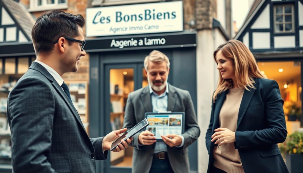 A modern real estate setting in Caen, France, capturing the essence of property comparison. In the foreground, a professional real estate agent in a tailored suit discusses with a couple dressed in smart casual attire, pointing at a digital tablet displaying housing prices. The middle ground features a contemporary storefront with a sign saying "Les BonsBiens Agence Immo Caen", showcasing property listings. In the background, distinctive Normandy architecture, such as half-timbered houses and historic buildings, provides a scenic backdrop. Soft, warm lighting creates a welcoming atmosphere, with a slight lens blur focusing on the interactions. The overall mood is engaging and informative, emphasizing the professionalism of the real estate market in Caen and its surroundings.