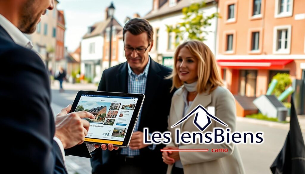 A modern real estate setting in Caen, France, showcasing a professional real estate agent discussing home selling factors with clients. The foreground features the agent in smart business attire, gesturing towards a digital tablet displaying property data. In the middle ground, a couple listens attentively, dressed in modest, professional clothing, surrounded by images of traditional Normandy architecture and contemporary homes. The background captures a sunny, vibrant street view of Caen, emphasizing its charming buildings and inviting atmosphere. Soft, natural lighting illuminates the scene, creating a welcoming and informative mood. Subtle branding elements of "Les BonsBiens Agence Immo Caen" are incorporated into the digital device display, enhancing the professional ambiance without overpowering the main focus of the interaction.
