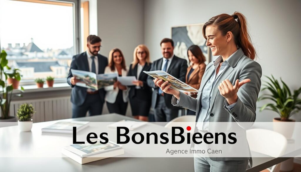 A modern real estate setting in Caen, Normandy, featuring a professional real estate agent engaging with a diverse group of clients in a stylish office. In the foreground, the agent, dressed in business attire, is presenting a property brochure, with a friendly smile and open gestures. The clients, also in professional attire, look engaged and interested, perhaps pointing towards a map or property images. In the middle ground, a sleek desk with modern architecture books and a laptop, and large windows showing a glimpse of Normandy's architectural skyline. The background includes a tasteful piece of art and potted plants, creating a welcoming atmosphere. Soft, natural lighting floods the room, enhancing the mood of professionalism and comfort. The image subtly incorporates the brand name "Les BonsBiens Agence Immo Caen." A modern real estate setting in Caen, Normandy, featuring a professional real estate agent engaging with a diverse group of clients in a stylish office. In the foreground, the agent, dressed in business attire, is presenting a property brochure, with a friendly smile and open gestures. The clients, also in professional attire, look engaged and interested, perhaps pointing towards a map or property images. In the middle ground, a sleek desk with modern architecture books and a laptop, and large windows showing a glimpse of Normandy's architectural skyline. The background includes a tasteful piece of art and potted plants, creating a welcoming atmosphere. Soft, natural lighting floods the room, enhancing the mood of professionalism and comfort. The image subtly incorporates the brand name "Les BonsBiens Agence Immo Caen."
