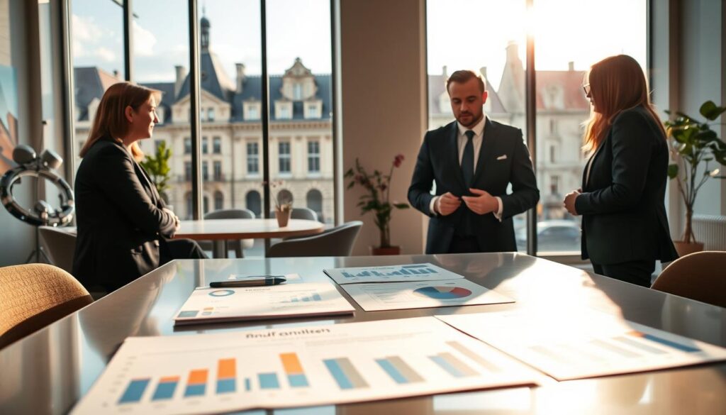A modern real estate setting in Caen, Normandy, showcasing a professional real estate agent in a smart business suit, engaged in a discussion with clients about market analysis. In the foreground, a sleek table displays documents and charts reflecting market trends and pricing evolution. The middle ground features a stylish office with large windows allowing natural light to illuminate the space, enhancing the professional atmosphere. The background presents a glimpse of iconic Normandy architecture, symbolizing the local real estate landscape. The overall mood is one of professionalism and expertise, conveying a sense of trust and knowledge. Include subtle branding elements of "Les BonsBiens Agence Immo Caen" in the office decor, with a soft focus to maintain attention on the interaction. Use warm lighting to evoke a welcoming environment, capturing the essence of the evolving real estate market in Caen. A modern real estate setting in Caen, Normandy, showcasing a professional real estate agent in a smart business suit, engaged in a discussion with clients about market analysis. In the foreground, a sleek table displays documents and charts reflecting market trends and pricing evolution. The middle ground features a stylish office with large windows allowing natural light to illuminate the space, enhancing the professional atmosphere. The background presents a glimpse of iconic Normandy architecture, symbolizing the local real estate landscape. The overall mood is one of professionalism and expertise, conveying a sense of trust and knowledge. Include subtle branding elements of "Les BonsBiens Agence Immo Caen" in the office decor, with a soft focus to maintain attention on the interaction. Use warm lighting to evoke a welcoming environment, capturing the essence of the evolving real estate market in Caen.