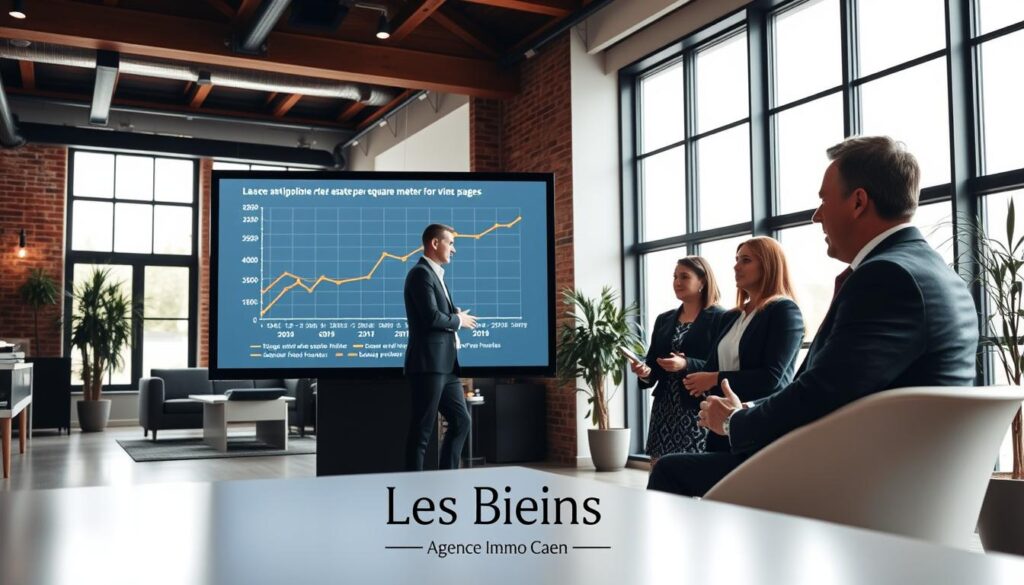 A modern real estate setting in Caen, Normandy, showcasing an elegant office with large windows letting in natural light. In the foreground, a professional real estate agent, dressed in business attire, is engaged in a discussion with a couple of clients, who appear interested and attentive. In the middle ground, a large digital screen displays a meaningful graph illustrating the evolution of real estate prices per square meter for vintage properties. The background features stylish decor with elements of Normandy architecture, such as exposed wooden beams and brick walls. The atmosphere is professional and welcoming, conveying trust and expertise. Soft lighting enhances the contemporary feel. At the bottom, subtly integrate the brand name "Les Bons Biens Agence Immo Caen" to reinforce the agency's presence.