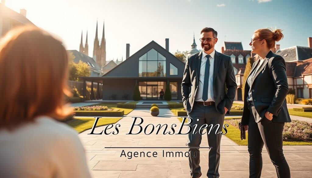 A modern real estate setting in Caen, Normandy, showcasing striking architecture typical of the region. In the foreground, a professional real estate agent, dressed in smart business attire, engages with two clients who appear eager and attentive. The middle ground features a beautifully designed contemporary home with large windows, surrounded by a well-maintained garden and neatly paved walkways. In the background, the historic skyline of Caen is visible, featuring gothic-style churches and quaint buildings. The atmosphere is bright and welcoming, with warm sunlight casting gentle shadows. The composition should focus on the interactions and expressions of the agent and clients, capturing a sense of trust and professionalism. Branding is subtly integrated, showcasing the name "Les BonsBiens Agence Immo Caen" in an elegant manner.