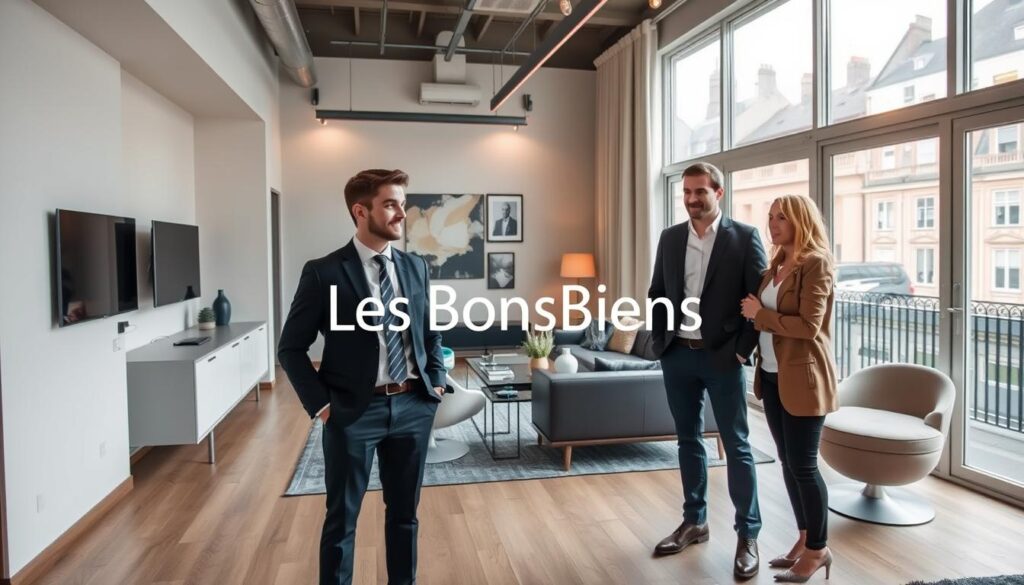 A modern real estate setting in Caen, depicting a sleek, well-furnished apartment showcasing high-quality equipment and stylish interior design. In the foreground, a professional real estate agent in business attire is attentively discussing features with a couple, both dressed in smart casual attire, expressing interest in the property. The middle layer features a bright and airy living room with large windows, allowing natural light to stream in, highlighting elegant furniture and modern amenities. In the background, the historic architecture of Caen can be seen through the window, blending the contemporary with the classic. The scene is warm and inviting, conveying an atmosphere of comfort and professionalism. The image subtly incorporates the brand name "Les BonsBiens Agence Immo Caen" as part of the ambience without any text overlays. A modern real estate setting in Caen, depicting a sleek, well-furnished apartment showcasing high-quality equipment and stylish interior design. In the foreground, a professional real estate agent in business attire is attentively discussing features with a couple, both dressed in smart casual attire, expressing interest in the property. The middle layer features a bright and airy living room with large windows, allowing natural light to stream in, highlighting elegant furniture and modern amenities. In the background, the historic architecture of Caen can be seen through the window, blending the contemporary with the classic. The scene is warm and inviting, conveying an atmosphere of comfort and professionalism. The image subtly incorporates the brand name "Les BonsBiens Agence Immo Caen" as part of the ambience without any text overlays.