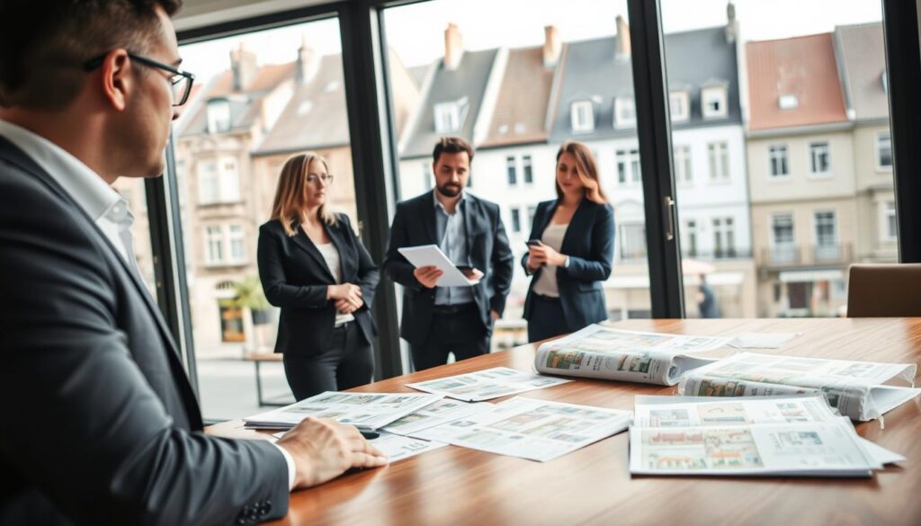 A modern real estate setting in Caen, featuring a professional real estate agent in a sleek business suit, discussing property values with clients. The foreground shows a polished wooden table with papers and property listings spread out, symbolizing a detailed analysis of pricing and the number of rooms in various homes. In the middle, there are two clients, one male and one female, both dressed in smart casual attire, deeply engaged in conversation. The background reveals a large window showcasing Caen's charming Normandy architecture, with traditional buildings visible outside. Soft, natural lighting floods the space, creating a warm and inviting atmosphere. The scene embodies a professional yet approachable ambiance, with a subtle hint of the brand "Les BonsBiens Agence Immo Caen" integrated into the setting.