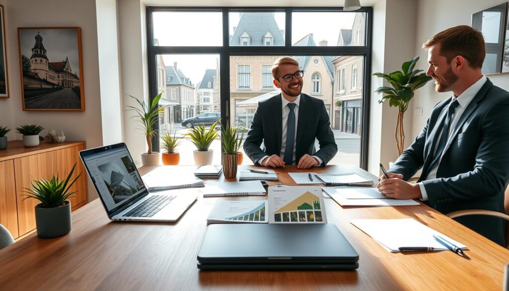 A modern, sleek office environment in Caen, Normandy, featuring a professional real estate agent dressed in smart business attire, engaged in a friendly meeting with clients. The foreground showcases a wooden desk with a laptop open to a property estimation website, various real estate tools, and documents prominently displayed. The middle layer features a stylish, minimalist interior design, with potted plants and artful decor that reflects local architecture. In the background, large windows reveal a view of Caen’s charming streets, filled with classic Normandy buildings. Bright, natural light floods the scene, creating an inviting atmosphere. The overall mood is professional yet warm, emphasizing collaboration and expertise in real estate. Display the brand name "Les BonsBiens Agence Immo Caen" subtly on a wall plaque. A modern, sleek office environment in Caen, Normandy, featuring a professional real estate agent dressed in smart business attire, engaged in a friendly meeting with clients. The foreground showcases a wooden desk with a laptop open to a property estimation website, various real estate tools, and documents prominently displayed. The middle layer features a stylish, minimalist interior design, with potted plants and artful decor that reflects local architecture. In the background, large windows reveal a view of Caen’s charming streets, filled with classic Normandy buildings. Bright, natural light floods the scene, creating an inviting atmosphere. The overall mood is professional yet warm, emphasizing collaboration and expertise in real estate. Display the brand name "Les BonsBiens Agence Immo Caen" subtly on a wall plaque.