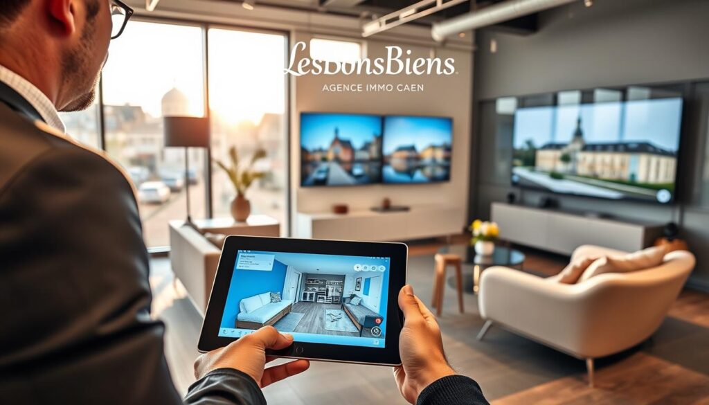 A modern, sophisticated real estate office in Caen, Normandy, featuring a virtual tour setup. In the foreground, a professional real estate agent in business attire engages with clients, showcasing a digital tablet displaying a high-quality virtual tour of an apartment. The middle ground showcases sleek furniture, subtle decorative elements reflecting local architecture, and a large screen that highlights 3D floor plans. In the background, large windows allow natural light to flood the space, casting gentle reflections. The atmosphere is warm and inviting, conveying a sense of professionalism and modernity. The brand logo "Les BonsBiens Agence Immo Caen" is subtly integrated into the office design. The image captures the essence of digital access and virtual visits in real estate, with a focus on clarity and engagement.