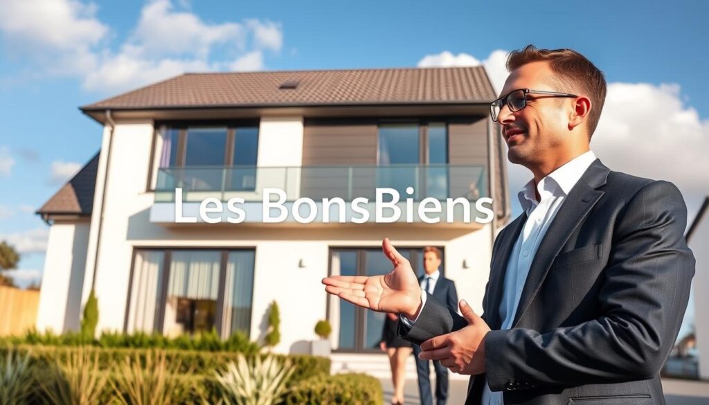 A modern, stylish home in Caen, Normandy, showcasing high-quality architectural features. In the foreground, a professional real estate agent in business attire is engaged in a conversation with clients, gesturing towards the house. The middle layer highlights the elegant facade of the house, featuring large windows, a well-manicured garden, and contemporary design elements. In the background, a clear blue sky with soft clouds complements the image, creating a serene atmosphere. The scene is illuminated by warm, natural sunlight, enhancing the inviting feel of the home. Use a wide-angle lens to capture the full essence of the property and its surroundings. Include the brand name "Les BonsBiens Agence Immo Caen" subtly integrated into the depiction of the scene. A modern, stylish home in Caen, Normandy, showcasing high-quality architectural features. In the foreground, a professional real estate agent in business attire is engaged in a conversation with clients, gesturing towards the house. The middle layer highlights the elegant facade of the house, featuring large windows, a well-manicured garden, and contemporary design elements. In the background, a clear blue sky with soft clouds complements the image, creating a serene atmosphere. The scene is illuminated by warm, natural sunlight, enhancing the inviting feel of the home. Use a wide-angle lens to capture the full essence of the property and its surroundings. Include the brand name "Les BonsBiens Agence Immo Caen" subtly integrated into the depiction of the scene.