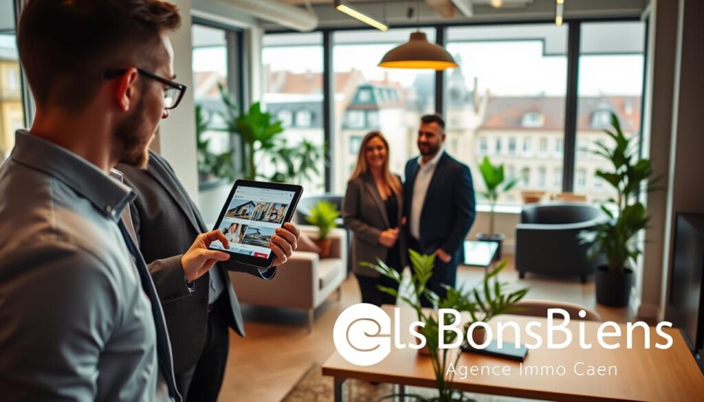A modern, stylish real estate office in Caen, Normandy, focused on personalized property management. In the foreground, a professional real estate agent in smart business attire is engaged in a friendly discussion with a couple, showcasing trust and collaboration. The agent is holding a tablet displaying property listings. In the middle, an inviting office space is filled with sleek furniture, green plants, and large windows allowing natural light to illuminate the area. In the background, a vivid view of Caen's unique architecture can be seen through the windows. The atmosphere is warm and welcoming, reflecting professionalism and dedication. Use soft, diffused lighting to create a cozy yet efficient ambiance. Include subtle branding of “Les BonsBiens Agence Immo Caen” in the design elements for a polished feel.