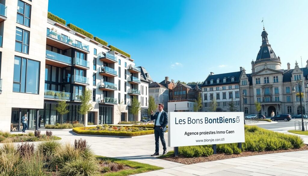A modern urban development scene in Caen, Normandy, showcasing innovative architectural projects in the foreground. Include a sleek residential building with large glass facades and green terraces, surrounded by landscaped public spaces. In the middle ground, feature a professional real estate agent in business attire discussing plans with clients, standing near a prominent sign displaying "Les BonsBiens Agence Immo Caen." In the background, depict the historic architecture of Caen blending with contemporary structures, under a clear blue sky and soft sunlight illuminating the scene, creating a welcoming and optimistic atmosphere. Capture this composition from a slightly elevated angle, emphasizing both modern and traditional elements in harmony.