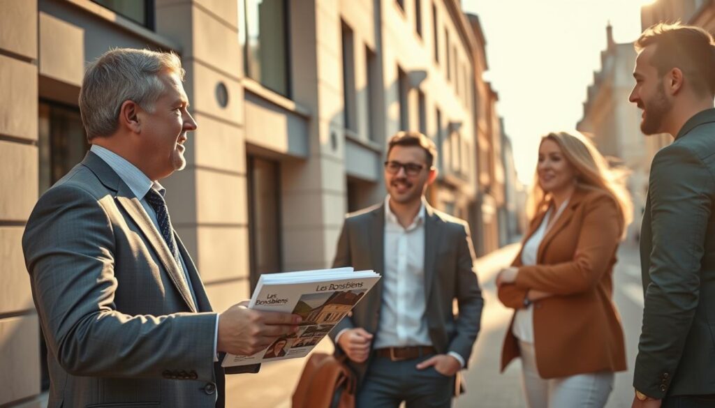 A modern urban real estate scene in Caen, Normandy, showcasing a professional real estate agent in business attire, engaged in a discussion with clients in front of an impressive contemporary building. The foreground features the agent gesturing confidently while pointing towards a sleek brochure branded "Les BonsBiens Agence Immo Caen." In the middle ground, the clients appear intrigued and excited about the property options. The background includes a well-maintained street lined with distinctive Normandy architecture, bathed in warm afternoon sunlight, creating an inviting atmosphere. Soft shadows cast by the building accentuate the vibrancy of the scene, capturing the strategic advantages of investing in real estate in this area. The composition is composed from a slightly elevated angle, ensuring a dynamic view of the interaction and the surrounding architecture.