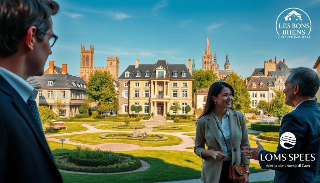 A picturesque scene illustrating the vibrant life in Caen, Normandy, showcasing modern architecture and charming neighborhoods. In the foreground, a professional real estate agent in smart attire engages with a couple, discussing properties with enthusiasm. The middle ground features a beautifully designed residential building with large windows, surrounded by lush greenery and elegant walkways. In the background, iconic landmarks of Caen, such as the Château de Caen and the historic abbeys, rise majestically against a clear blue sky. Soft, natural lighting enhances the warm, welcoming atmosphere, invoking a sense of community and opportunity. The image subtly includes a logo for "Les Bons Biens Agence Immo Caen," emphasizing professionalism in the real estate market.