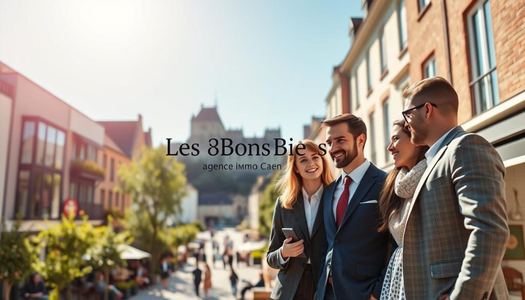 A picturesque scene of exceptional living in the heart of Caen, showcasing traditional Normandy architecture. In the foreground, a professional real estate agent in smart business attire discusses options with a young couple, highlighting a modern apartment complex with large windows, lush greenery, and smiling faces. The middle ground features charming streets lined with cafés and shops, bustling with people enjoying their day. In the background, the iconic Caen castle is visible under a bright blue sky. Soft, natural lighting enhances the warm atmosphere, while a shallow depth of field focuses on the agent and clients, capturing a moment of connection. The brand "Les BonsBiens Agence Immo Caen" subtly integrated within the scene, ensuring an informative and inviting feel.