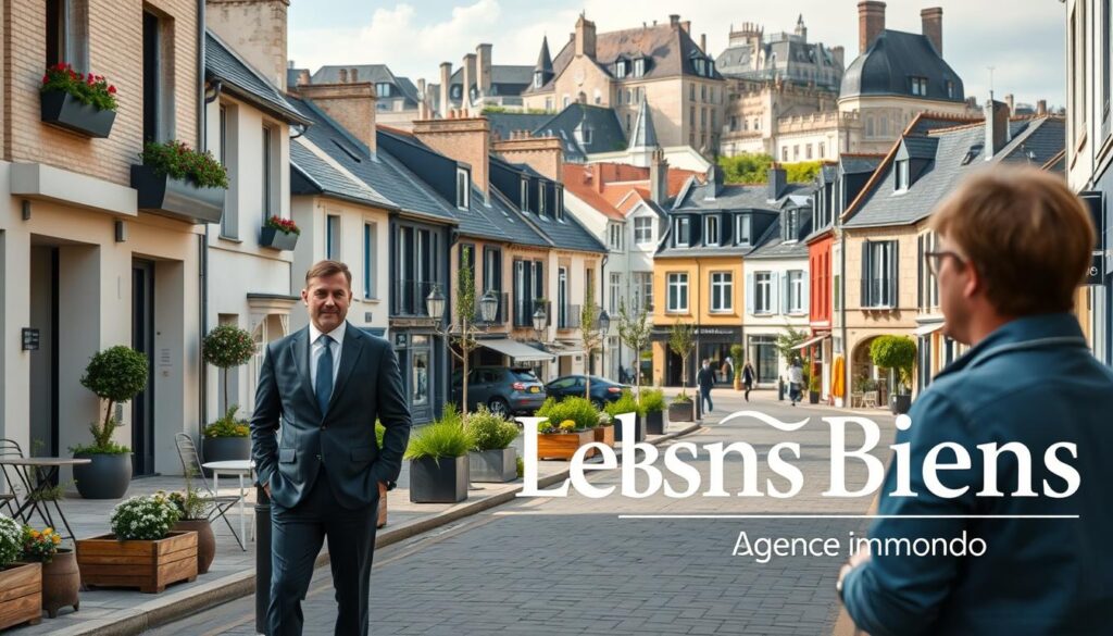 A picturesque street in Caen, Normandy, showcasing modern real estate properties in a vibrant urban setting. In the foreground, a professional real estate agent dressed in business attire is engaging with clients, discussing property features and prices. The middle ground features a variety of contemporary houses and apartments with sleek architecture, adorned with flower boxes and small cafes. In the background, the historic buildings of Caen can be seen, blending traditional architecture with the modern landscape. Soft, natural lighting creates a warm ambiance, reflecting a friendly, professional atmosphere. Use a wide-angle lens to capture the scene in rich detail, emphasizing the harmonious blend of modern living and historical charm, with the brand name "Les Bons Biens Agence Immo Caen" subtly integrated into the environment. A picturesque street in Caen, Normandy, showcasing modern real estate properties in a vibrant urban setting. In the foreground, a professional real estate agent dressed in business attire is engaging with clients, discussing property features and prices. The middle ground features a variety of contemporary houses and apartments with sleek architecture, adorned with flower boxes and small cafes. In the background, the historic buildings of Caen can be seen, blending traditional architecture with the modern landscape. Soft, natural lighting creates a warm ambiance, reflecting a friendly, professional atmosphere. Use a wide-angle lens to capture the scene in rich detail, emphasizing the harmonious blend of modern living and historical charm, with the brand name "Les Bons Biens Agence Immo Caen" subtly integrated into the environment.