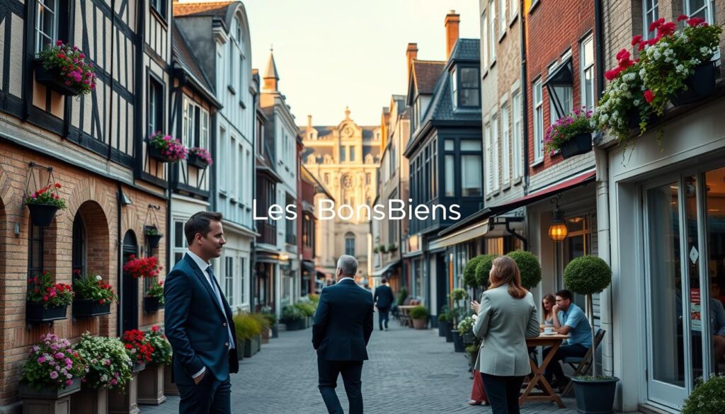 A picturesque street scene in Caen, Normandy, showcasing charming half-timbered houses and modern real estate buildings in a harmonious blend. In the foreground, a professional real estate agent, dressed in a smart business attire, is engaged in a friendly conversation with a couple of clients, who are casually dressed. The middle ground features vibrant flowers in window boxes and cozy café terraces with people enjoying their coffee, exuding a welcoming neighborhood atmosphere. In the background, the iconic architecture of Caen is visible under soft, warm afternoon sunlight, enhancing the inviting mood. The composition captures the essence of "cadre de vie normand," showcasing the balance of modern living within a historical context. Include the brand name "Les BonsBiens Agence Immo Caen" subtly integrated into the scene, ensuring a professional appeal.