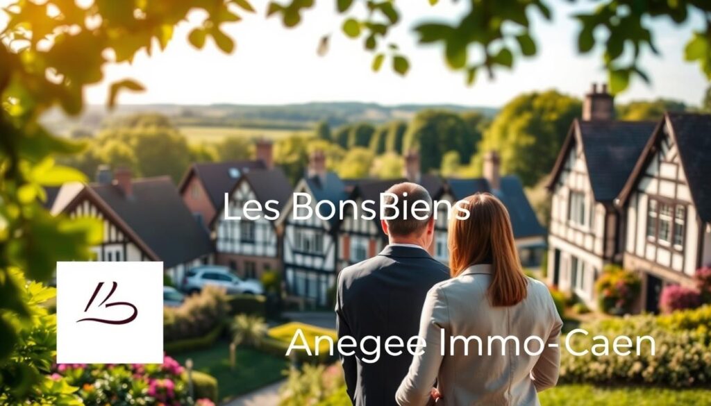 A picturesque view of charming Normandy houses for sale, showcasing classic architecture with half-timbering and vibrant gardens. In the foreground, a professional real estate agent in business attire is engaged in a friendly meeting with two clients, discussing property options. The middle ground features several attractive houses in various styles, highlighting the appeal of Caen's real estate market. The background captures the lush Normandy landscape under soft, warm sunlight, creating a welcoming atmosphere. The scene is framed with a slightly blurred depth of field, drawing focus to the agent and clients. The branding "Les BonsBiens Agence Immo Caen" subtly integrated into the scene, enhancing the real estate focus.