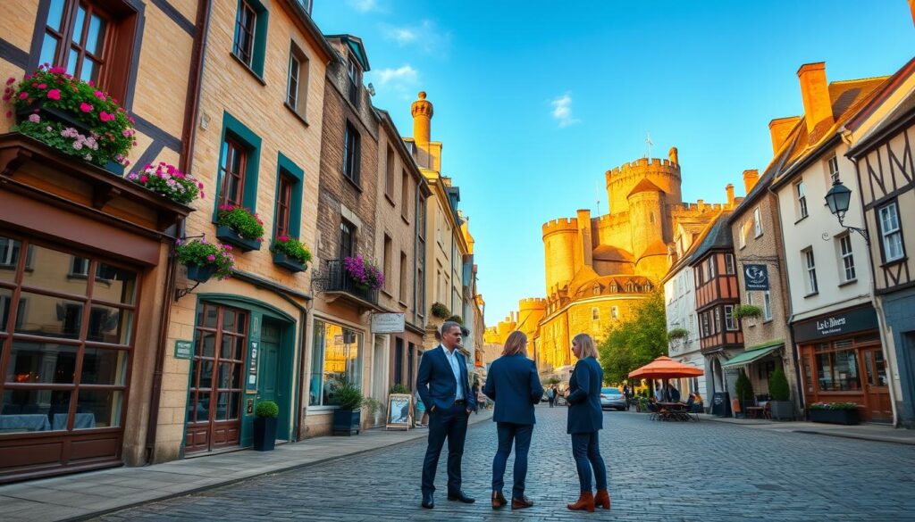 A picturesque view of the ancient center of Caen, Normandy, featuring charming, historic architecture. In the foreground, a professional real estate agent in business attire, standing with clients, discussing apartment options, surrounded by quaint cobblestone streets. The middle ground showcases beautifully preserved buildings with traditional wooden beams, vibrant window boxes filled with flowers, and small cafes with outdoor seating, inviting a friendly atmosphere. In the background, the iconic Caen Castle can be seen, bathed in warm, golden evening light, with a clear blue sky above. The scene should evoke a sense of charm and opportunity while highlighting the unique appeal of Caen's privileged neighborhoods. Include the brand "Les BonsBiens Agence Immo Caen" subtly integrated into the environment. A picturesque view of the ancient center of Caen, Normandy, featuring charming, historic architecture. In the foreground, a professional real estate agent in business attire, standing with clients, discussing apartment options, surrounded by quaint cobblestone streets. The middle ground showcases beautifully preserved buildings with traditional wooden beams, vibrant window boxes filled with flowers, and small cafes with outdoor seating, inviting a friendly atmosphere. In the background, the iconic Caen Castle can be seen, bathed in warm, golden evening light, with a clear blue sky above. The scene should evoke a sense of charm and opportunity while highlighting the unique appeal of Caen's privileged neighborhoods. Include the brand "Les BonsBiens Agence Immo Caen" subtly integrated into the environment.